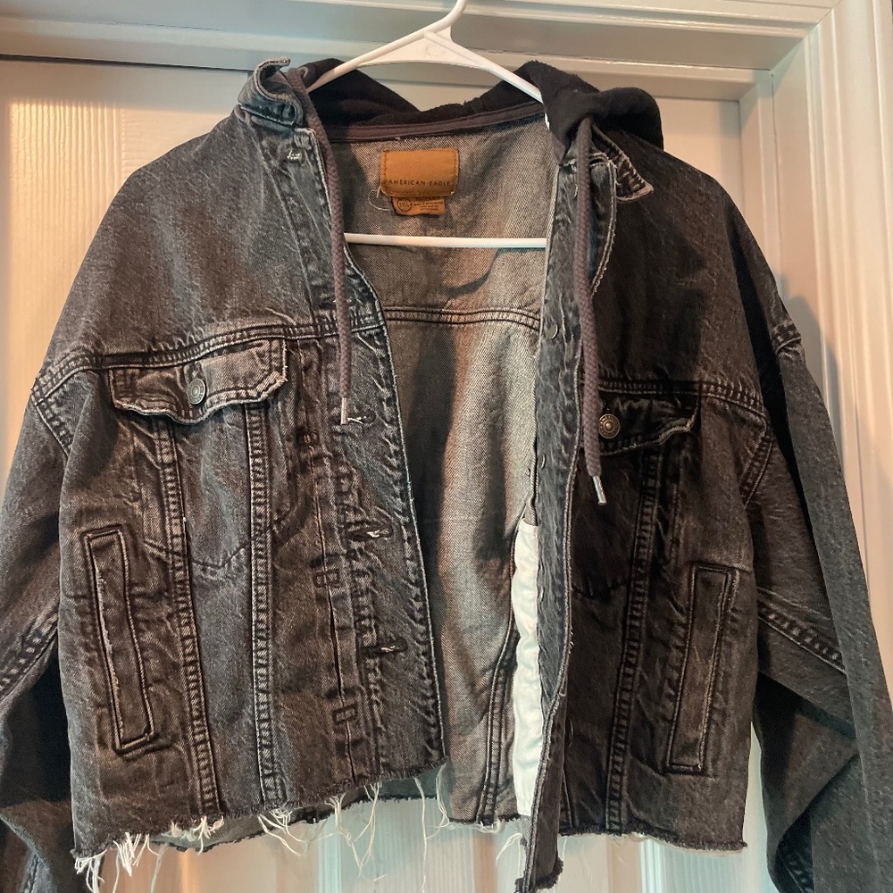 Cropped Black Denim Jacket w/Hood